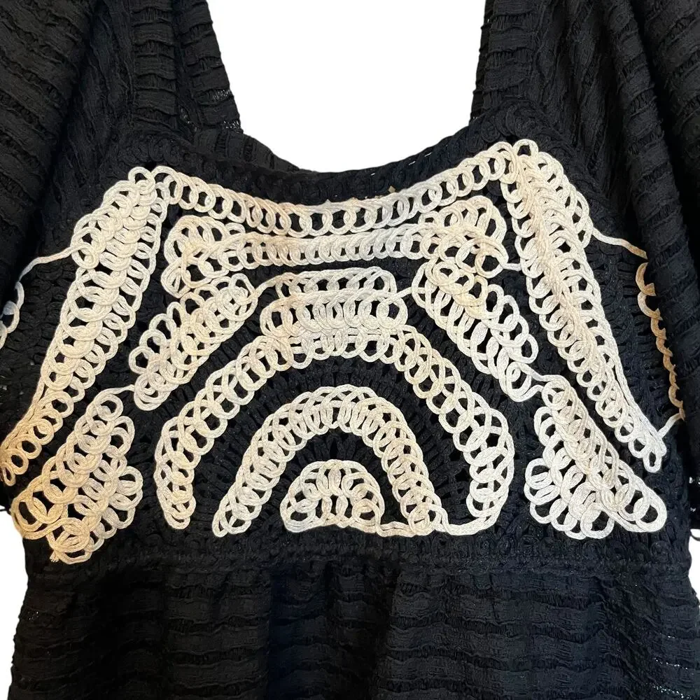 Anthropologie Sarah Hann Black Flutter-Sleeve Crochet Top Embroidered Babydoll L